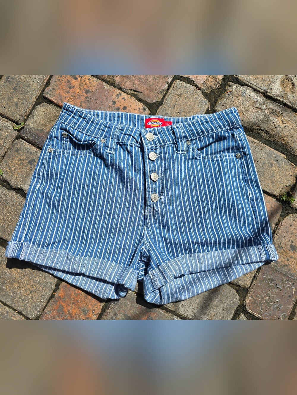 Dickies Blue & White Striped Button-Fly Jean Shorts 5/27 EUC Red White And Blue